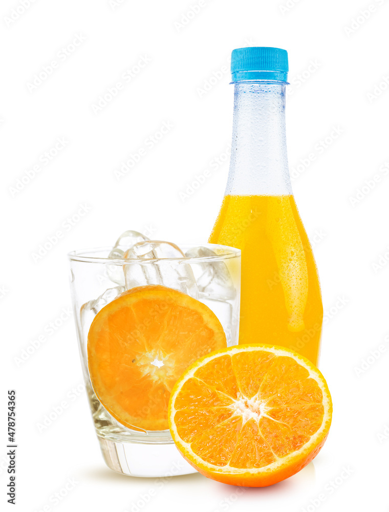 orange fruit and orange juice in bottle white glass and ice isolated on white background orange fruit and orange juice in bottle white glass and ice isolated on white background