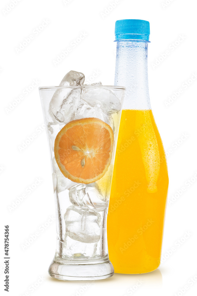 orange fruit and orange juice in bottle white glass and ice isolated on white background orange fruit and orange juice in bottle white glass and ice isolated on white background