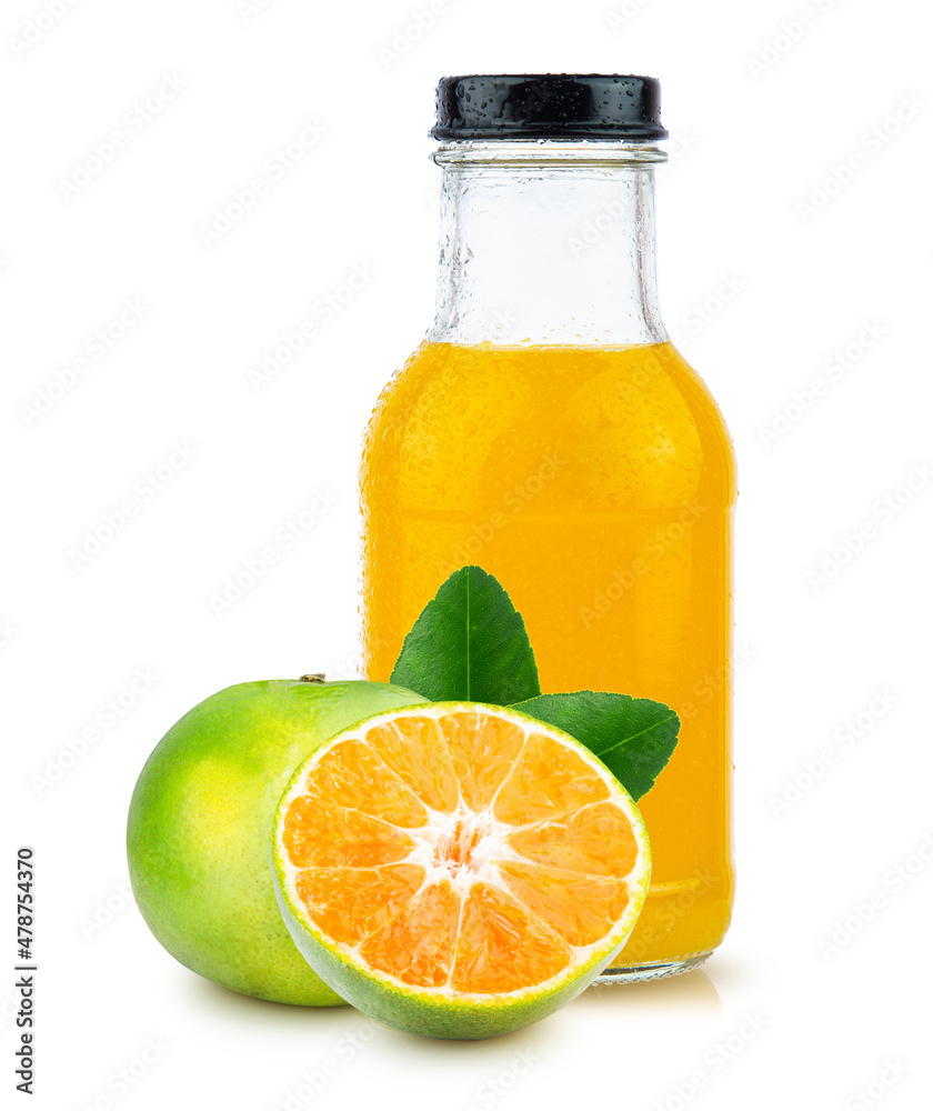 orange fruit and orange juice in bottle white glass and ice isolated on white background orange fruit and orange juice in bottle white glass and ice isolated on white background