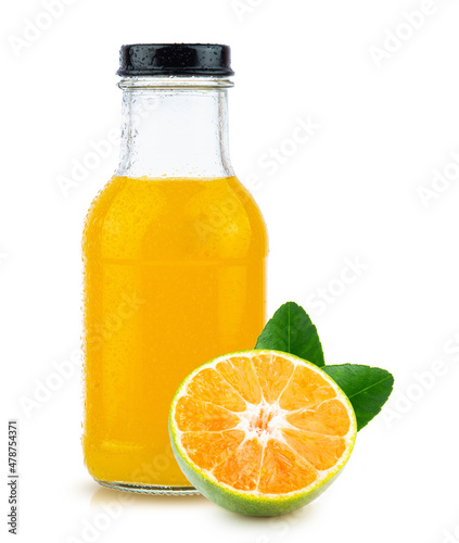 orange fruit and orange juice in bottle white glass and ice isolated on white background