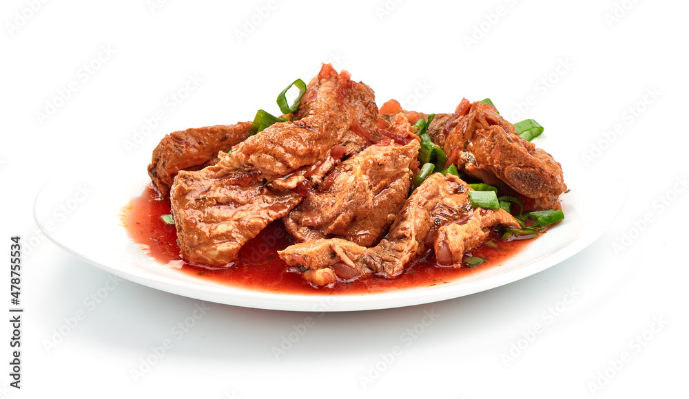 Stewed Pork ribs, close-up, isolated on white background.