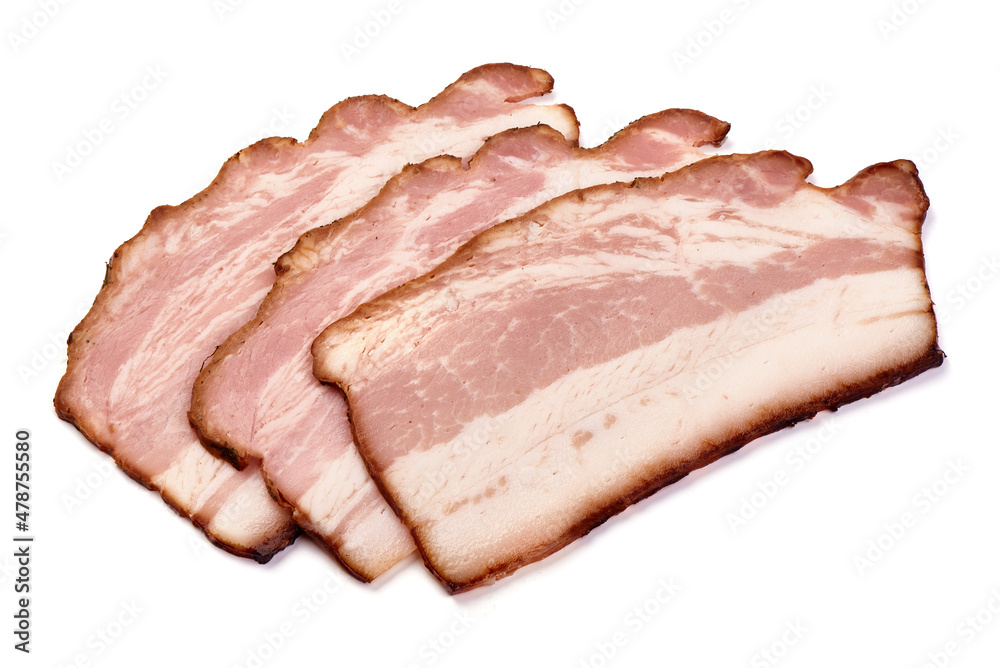 Pork brisket slices, smoked meat, isolated on white background. Pork brisket slices, smoked meat, isolated on white background.