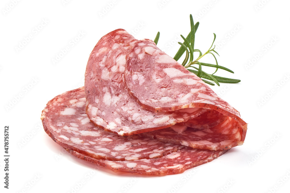 Salami smoked sausage, Traditional dry-cured Milano salami, isolated on white background. Salami smoked sausage, Traditional dry-cured Milano salami, isolated on white background.