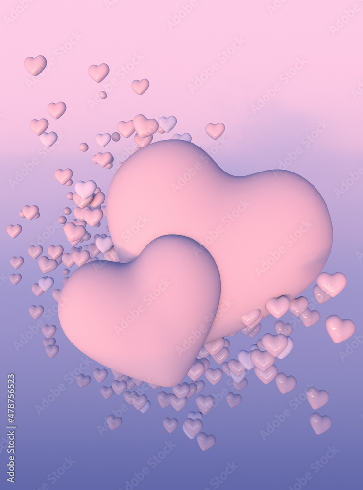 3D pink violet flying hearts on pastel background. Romantic symbol of love for Happy Women's, Mother's, Valentine's Day greeting card design.