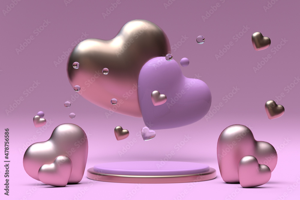 3D St Valentines Day round pink pedestal podium display with flying golden hearts. Love romantic minimal background. Blank stand for showing product. 3D St Valentines Day round pink pedestal podium display with flying golden hearts. Love romantic minimal background. Blank stand for showing product.