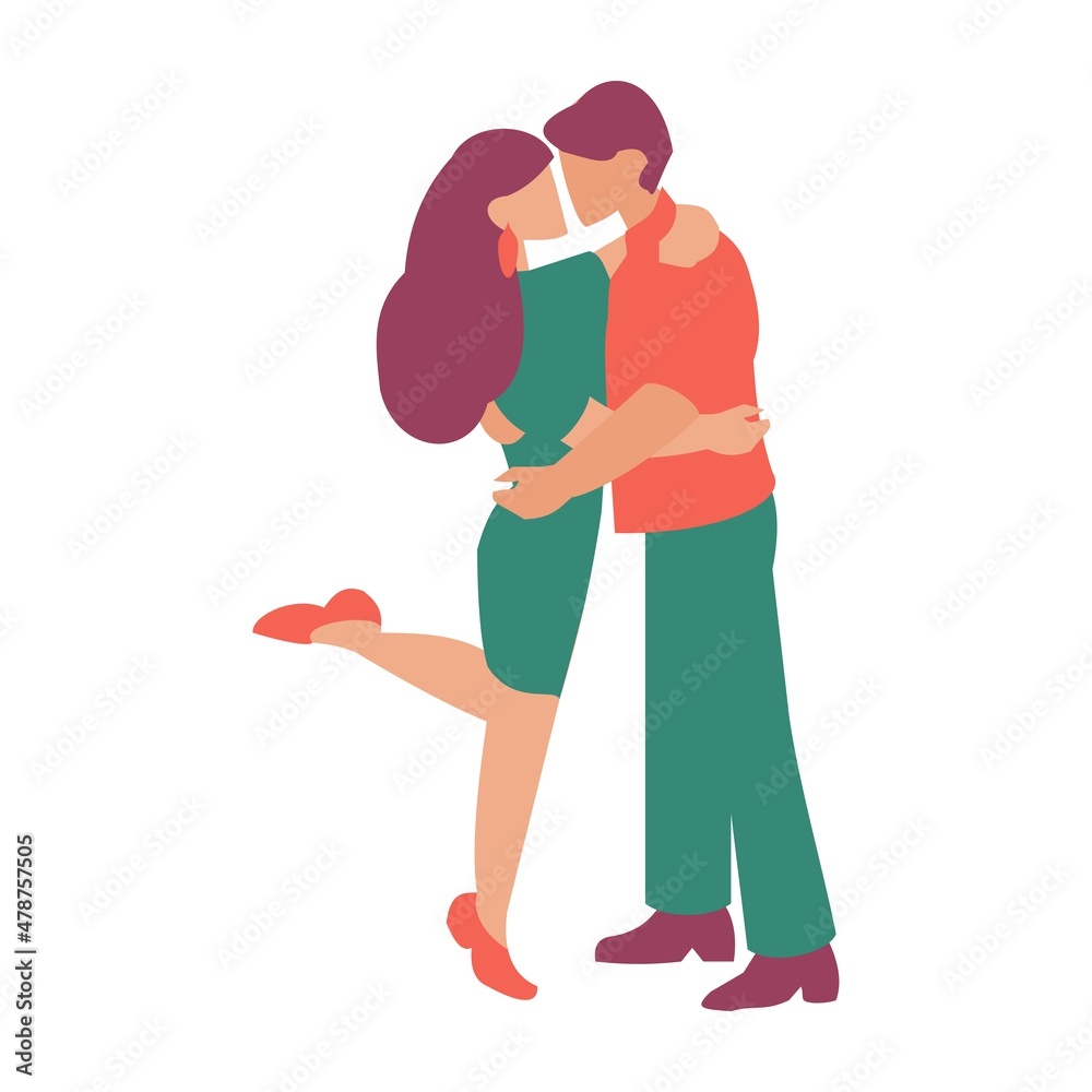 Young Couple hugging and looking at each other St Valentine card Flat vector illustration