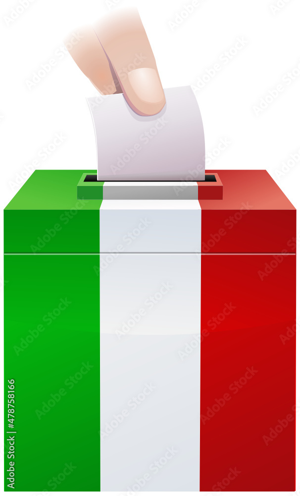 Election ballot box in the colors of the Italian flag with the deposit of a ballot by a hand Election ballot box in the colors of the Italian flag with the deposit of a ballot by a hand