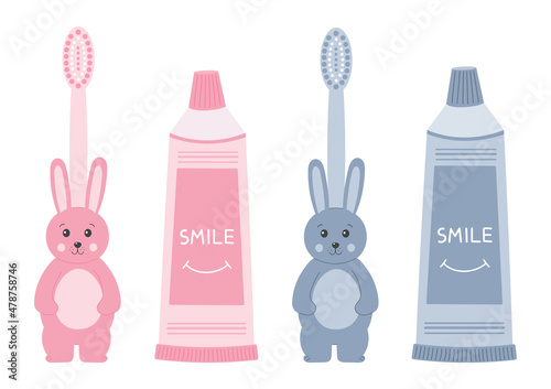 Toothpaste and toothbrush for little kids. Cute dental care accessories for childrens. Suitable for the design of pediatric dentistry. Baby bunny brash and paste.