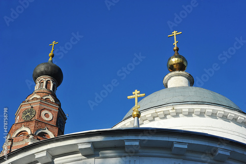  golden Orthodox crosses on the domes of the Archangel Cathedral in Bronnitsy