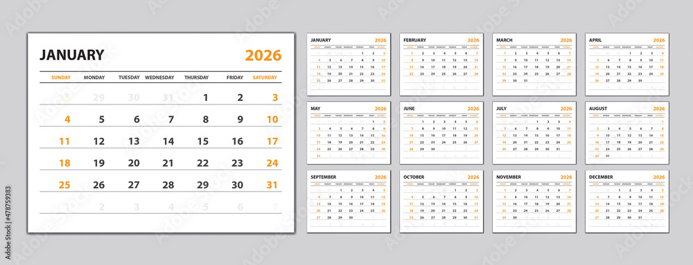 Calendar 2026 template, Monthly calendar template for 2026 year. Week starts on Monday. Desk Calendar 2026 template set, Planner simple, Wall calendar in a minimalist style,White and orange background Calendar 2026 template, Monthly calendar template for 2026 year. Week starts on Monday. Desk Calendar 2026 template set, Planner simple, Wall calendar in a minimalist style,White and orange background