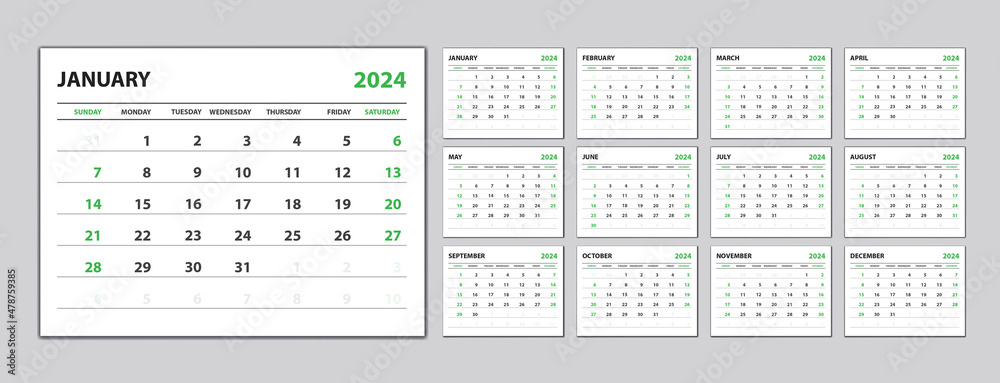 Vettoriale Stock Calendar 2024 template, Monthly calendar template for