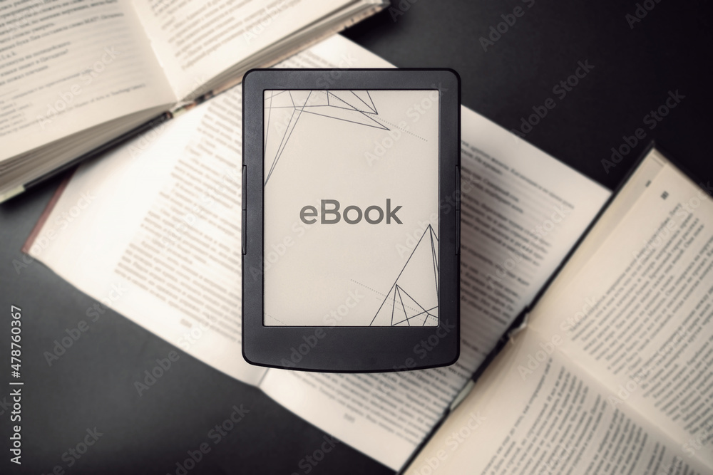 Readers. Digital e book, library reader tablet with books on dark  background. Ebook, e learning electronic internet mobility concept. Stock  Photo | Adobe Stock