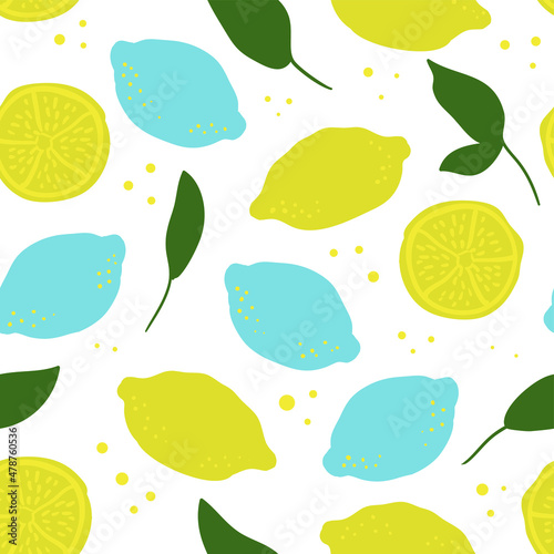 Tropical seamless pattern with yellow lemons and lemon slices. Hand drawn lemons pattern on white background. Fruit repeated background. Vector bright print for fabric, wallpaper, design, party paper.