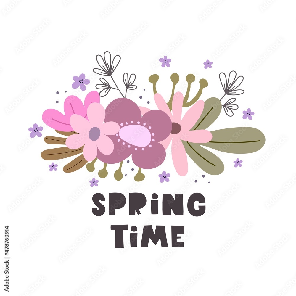 spring time. Cartoon flowers, hand drawing lettering, decoration elements. colorful spring vector illustration, flat style. design for print, greeting card, poster decoration, cover