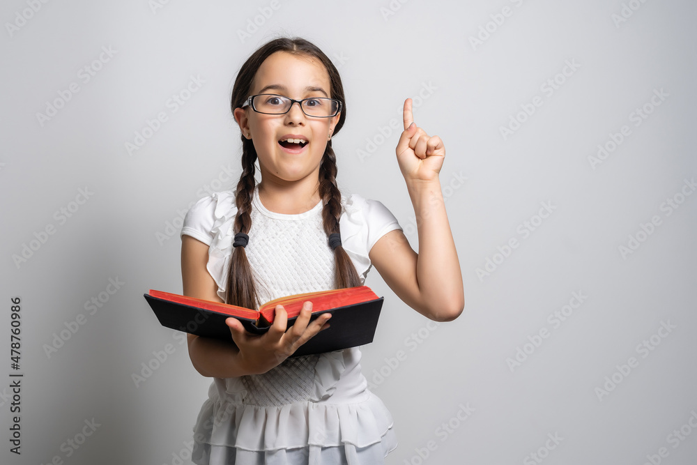 Lovely little girl standing and holding book over white background Lovely little girl standing and holding book over white background