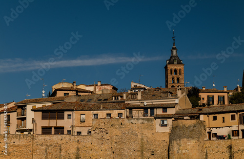 City skyline of Segovia, Spain, against blue sky