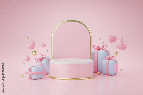 Mock up of podium with gift boxes and hearts on pink background, Product presentation.