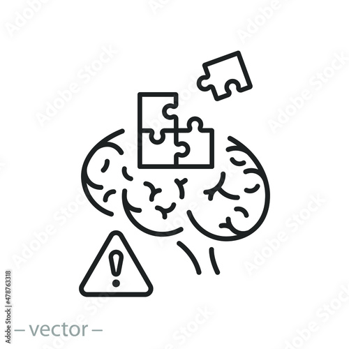 memory loss or decline icon, brain with puzzle, damage mind, forget thought, sclerosis, thin line symbol on white background - editable stroke vector illustration