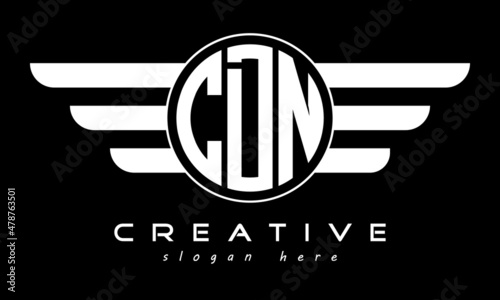 CDN three letter monogram type circle letter logo with wings vector template.