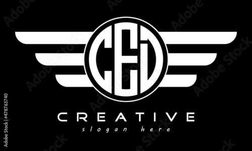 CED three letter monogram type circle letter logo with wings vector template.