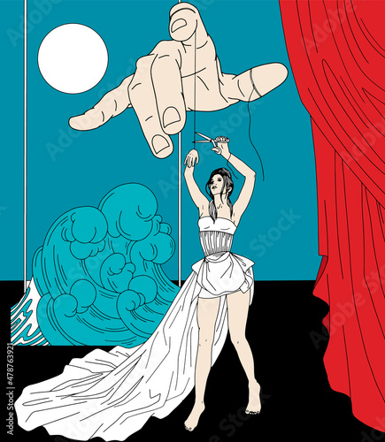 Vector hand drawn  illustration of hands of puppetter with woman . Creative artwork. Template for card, poster, banner, print for t-shirt, pin, badge, patch.