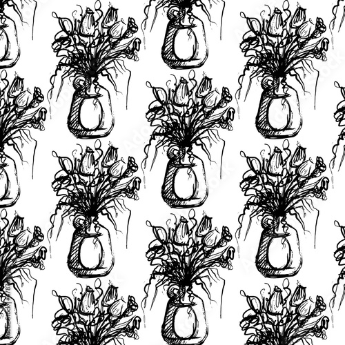 Vector pattern with hand drawn illustration of still life  with floral elements . Creative artwork. Template for card, poster, banner, print for t-shirt, pin, badge, patch.