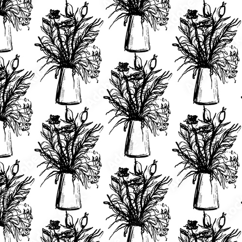 Vector pattern with hand drawn illustration of still life  with floral elements . Creative artwork. Template for card, poster, banner, print for t-shirt, pin, badge, patch.