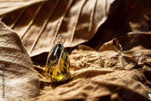 The green gemstone pendant with silver frame on leaf background.