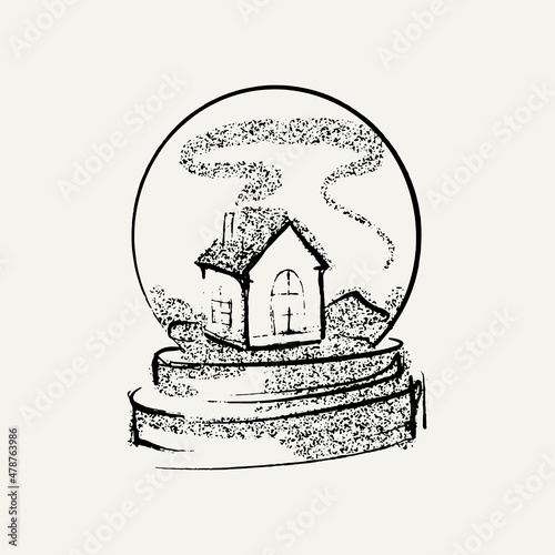 Vector hand drawn illustration of crystal ball with house. Creative artwork. Template for card, poster, banner, print for t-shirt, pin, badge, patch.