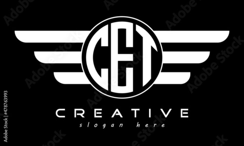 CET three letter monogram type circle letter logo with wings vector template.