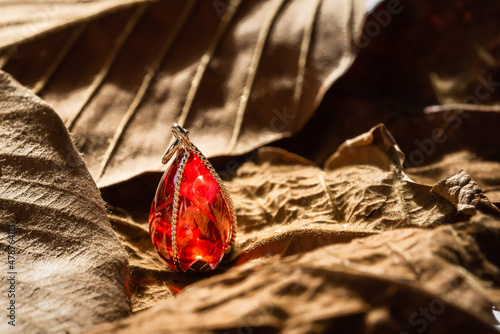 The red gemstone pendant with silver frame on leaf background.