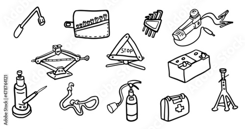 Car repair kit set in doodle style. Hand drawn isolated vector illustration.