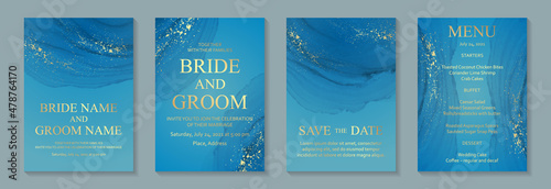Modern watercolor background or elegant card design for birthday invite or wedding or menu with abstract blue ink waves and golden splashes.