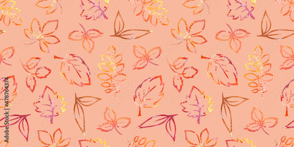 Autumn Watercolor Floral Seamless Patterns with packaging and scrapbooking. colorful orange, brown, yellow and red fall Leave on beige Background