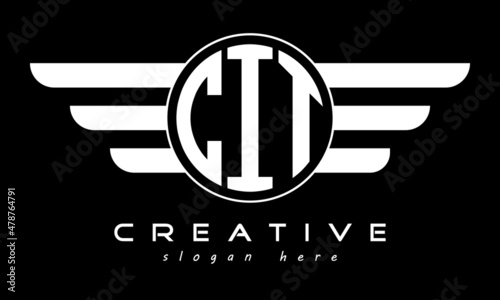 CIT three letter monogram type circle letter logo with wings vector template.