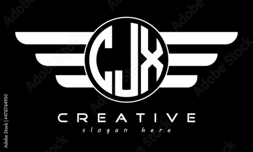 CJX three letter monogram type circle letter logo with wings vector template.