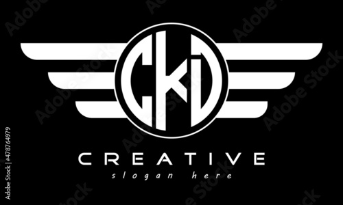 CKD three letter monogram type circle letter logo with wings vector template.