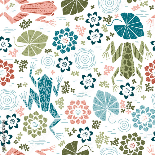 Pond Seamless Pattern. Swamp Frogs and Plants Vector Background. Marsh Frog with Water Lily Flowers and Leaves. Cartoon Geometric Style