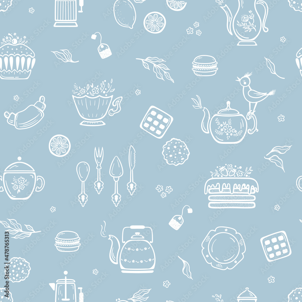 Breakfast Theme. Tea Time Seamless Blue Pattern. Vector Food Background with Hand Drawn Different Teapots and Sweet Desserts