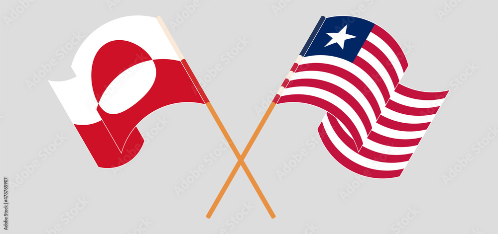 Crossed and waving flags of Greenland and Liberia Crossed and waving flags of Greenland and Liberia