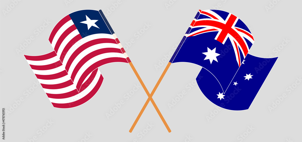 Crossed and waving flags of Liberia and Australia Crossed and waving flags of Liberia and Australia