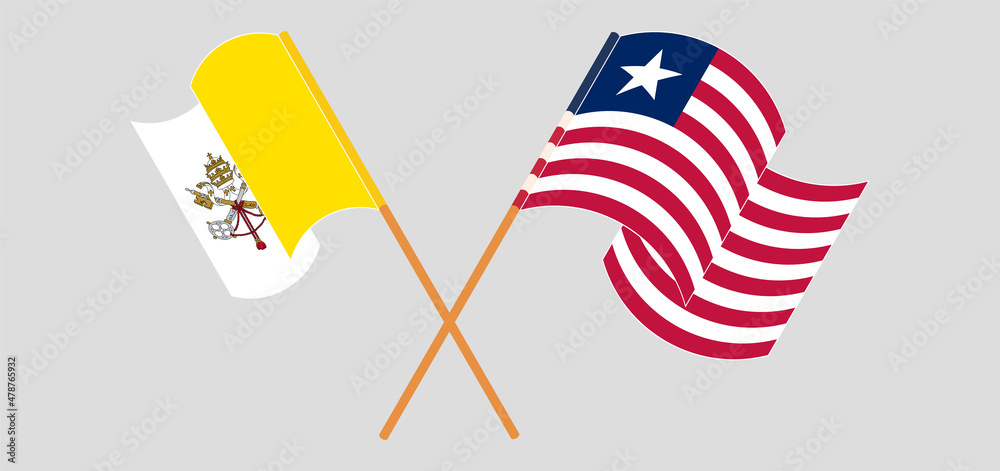 Crossed and waving flags of Vatican and Liberia Crossed and waving flags of Vatican and Liberia
