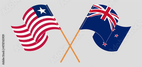 Crossed and waving flags of Liberia and New Zealand