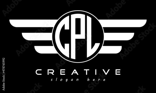 CPL three letter monogram type circle letter logo with wings vector template.