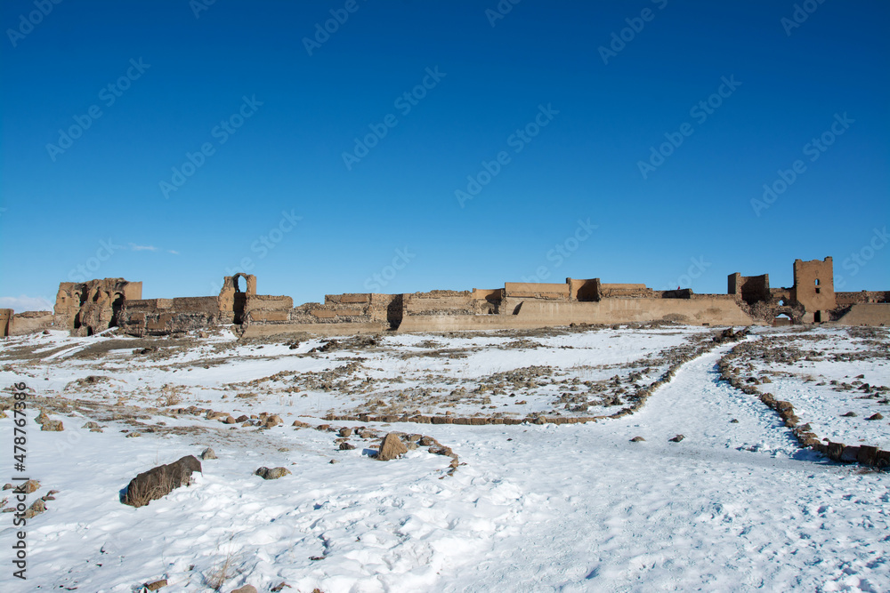 Ancient historical buildings in Ani Ruins. Kars, Turkey.	