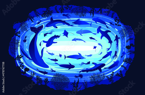 Silhouette of fish and algae in an underwater cave. Sea bottom. Stock vector illustration. Wallpaper with the underwater world. Underwater landscape.