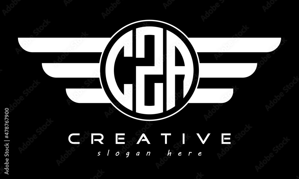 CZA three letter monogram type circle letter logo with wings vector template. - obrazy, fototapety, plakaty 