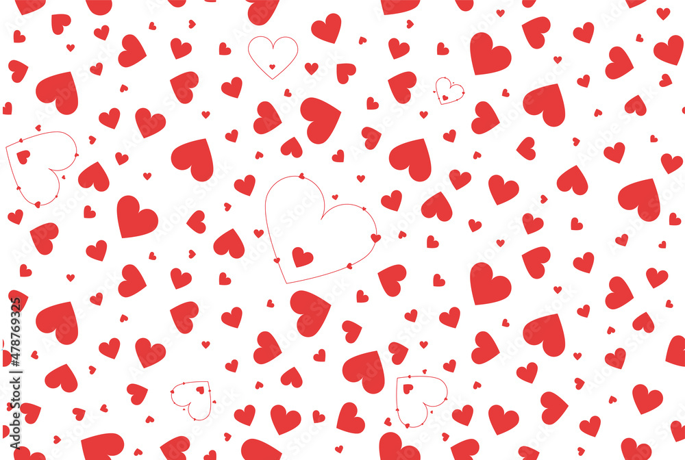 Abstract pattern from red hearts on white seamless background for valentines day vector design for branding, poster, calendar, colorful card, banner, cover, website, post. Vector illustration