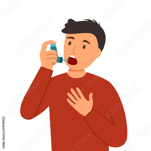 Young man using asthma inhaler against allergic attack in flat design on white background.