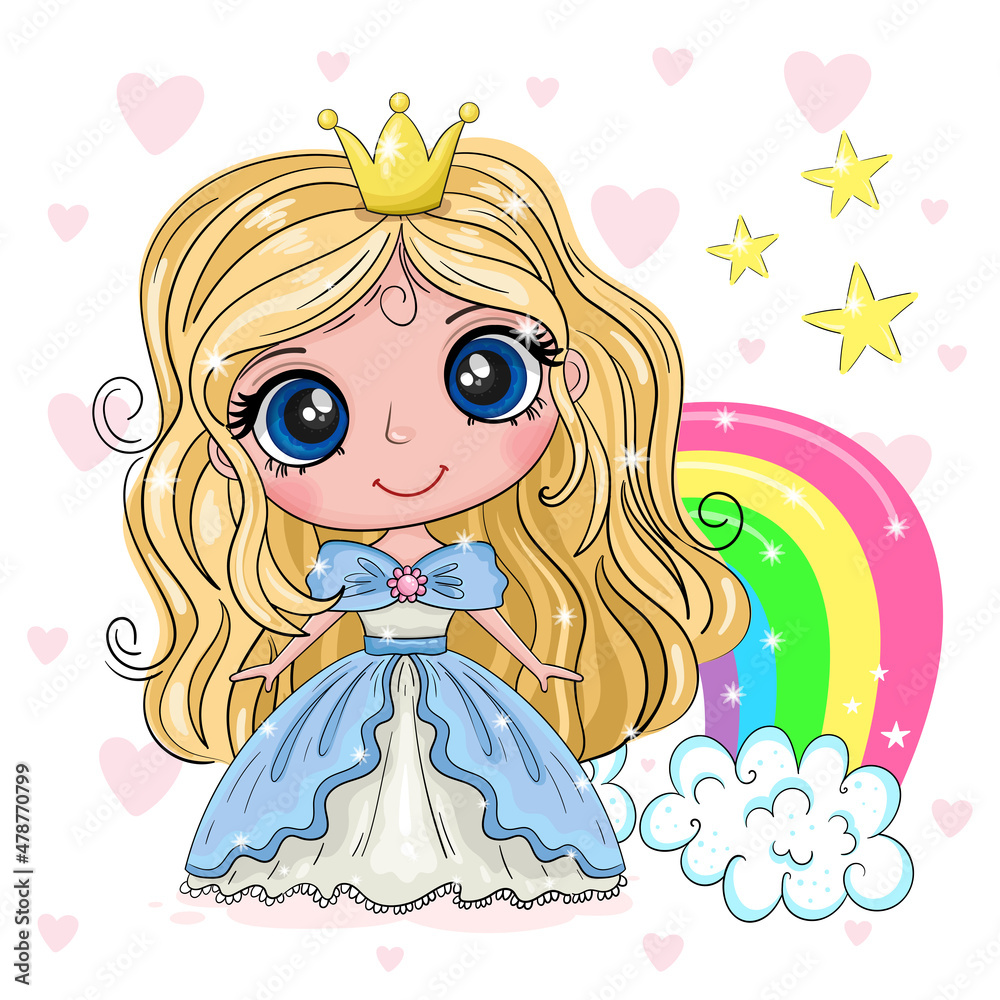 Cartoon Princess on a color background with rainbow.. Cute girl. Good for greeting cards, invitations, decoration, Print for Baby Shower etc. Hand drawn vector illustration with girl cute print Cartoon Princess on a color background with rainbow.. Cute girl. Good for greeting cards, invitations, decoration, Print for Baby Shower etc. Hand drawn vector illustration with girl cute print
